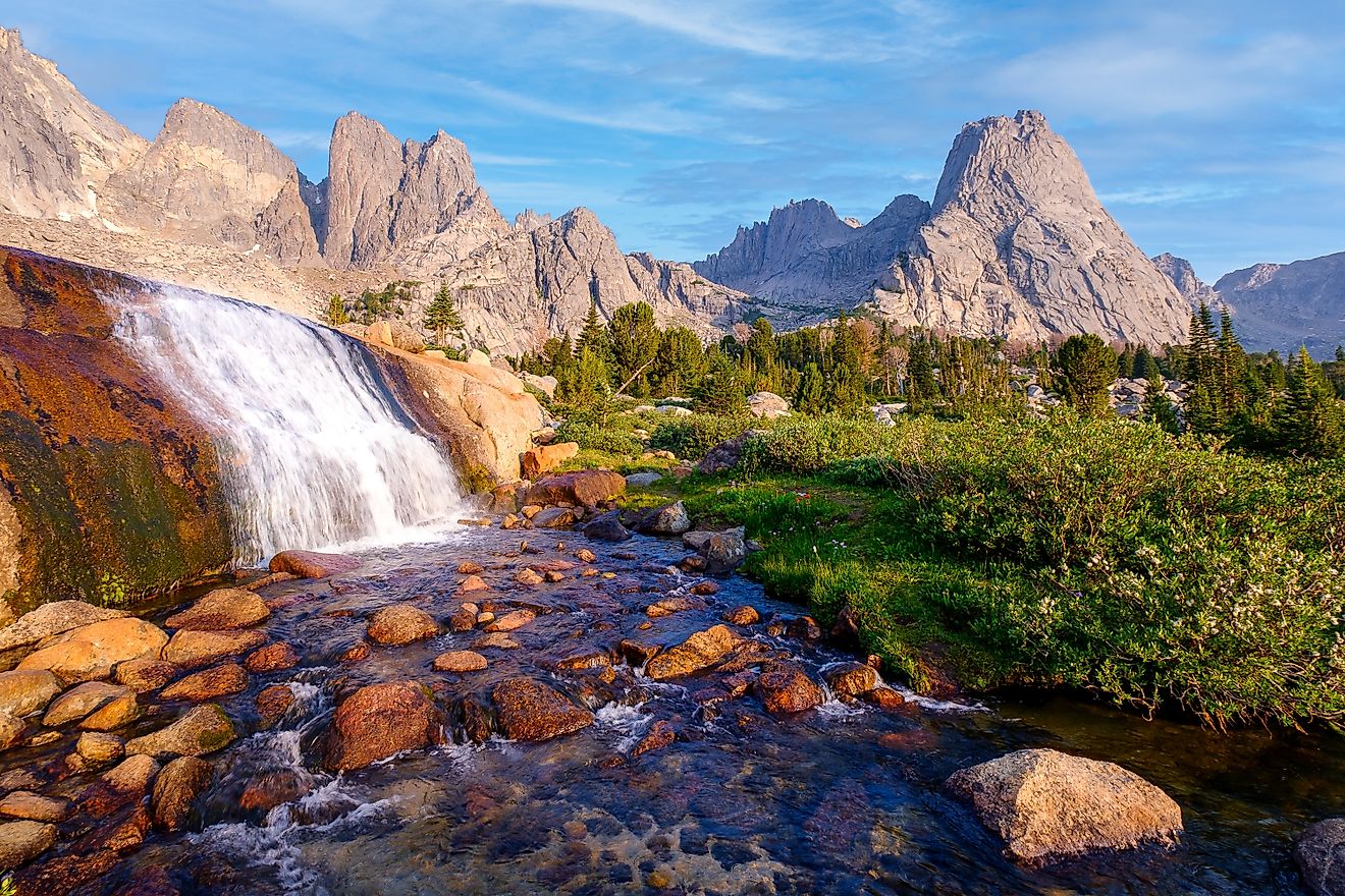 A Waterfall Among Steep Granite Mountains. Cirque of Towers, Wind River Range, Wyoming