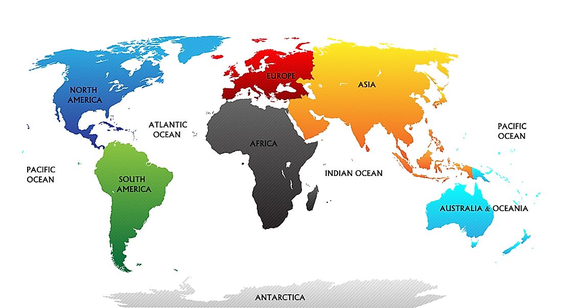 A map showing the continents of the world using the seven continent model. 