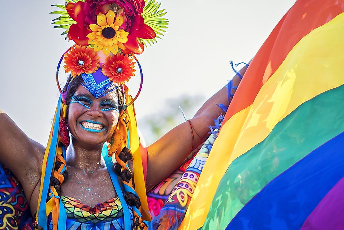 A woman of African descent participates in Brazil's Carnival. Carnival, the largest festival in the world, is greatly influenced by African-Brazilian culture. Editorial credit: R.M. Nunes / Shutterstock.com. 