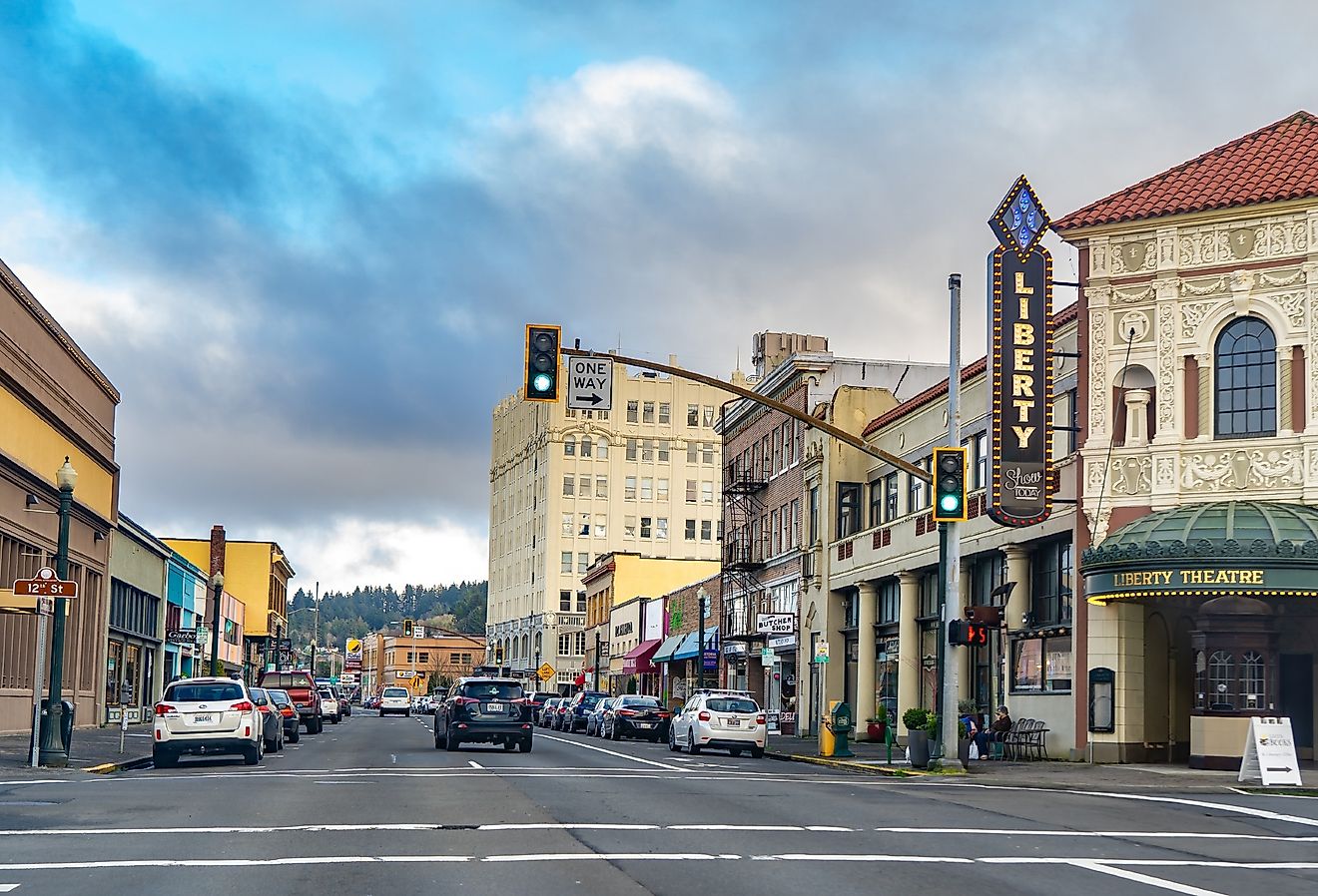 The Liberty Theater and downtown Astoria, Oregon.