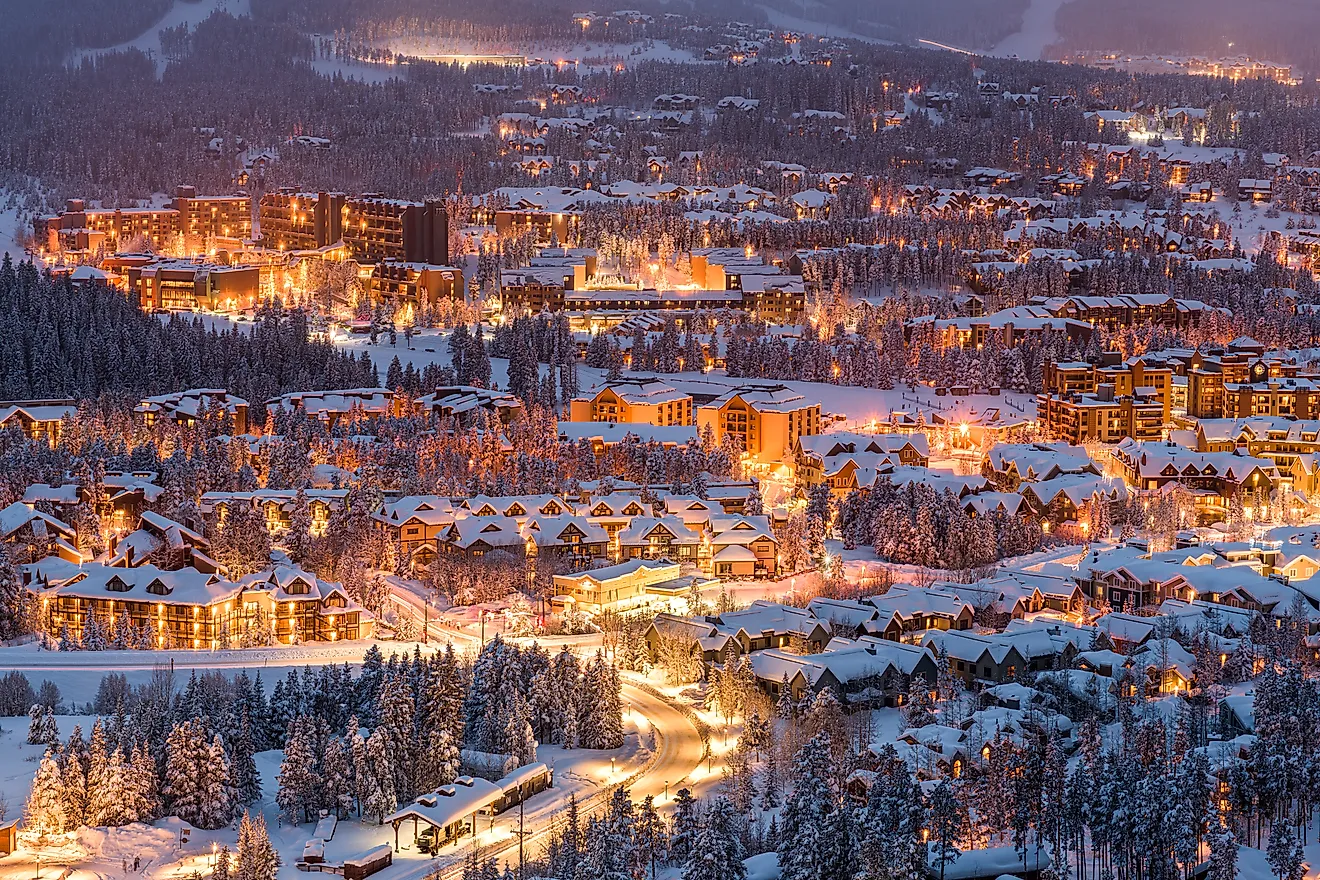 The Breckenridge, Colorado, winter skyline at dusk. Shutterstock.com