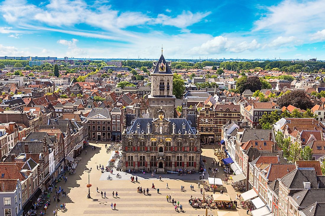 A panorama of the old buildings of Delft. 