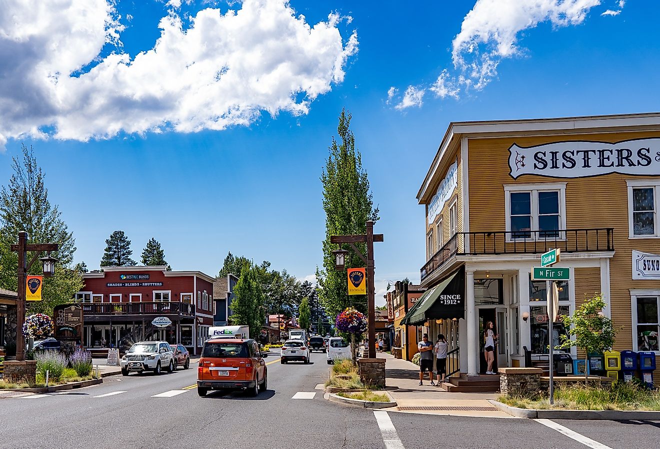 The main street in downtown, Sisters, Oregon in the summer. Image credit Bob Pool via Shutterstock