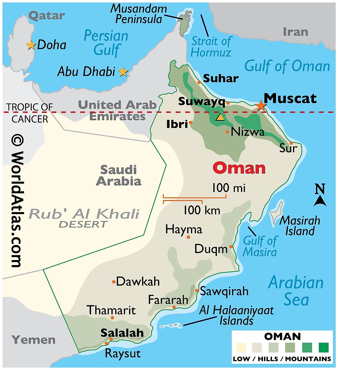 Mapa físico de Omán que muestra los límites estatales, el relieve, el punto más alto, las ciudades importantes, la península de Musandam, las islas, etc.