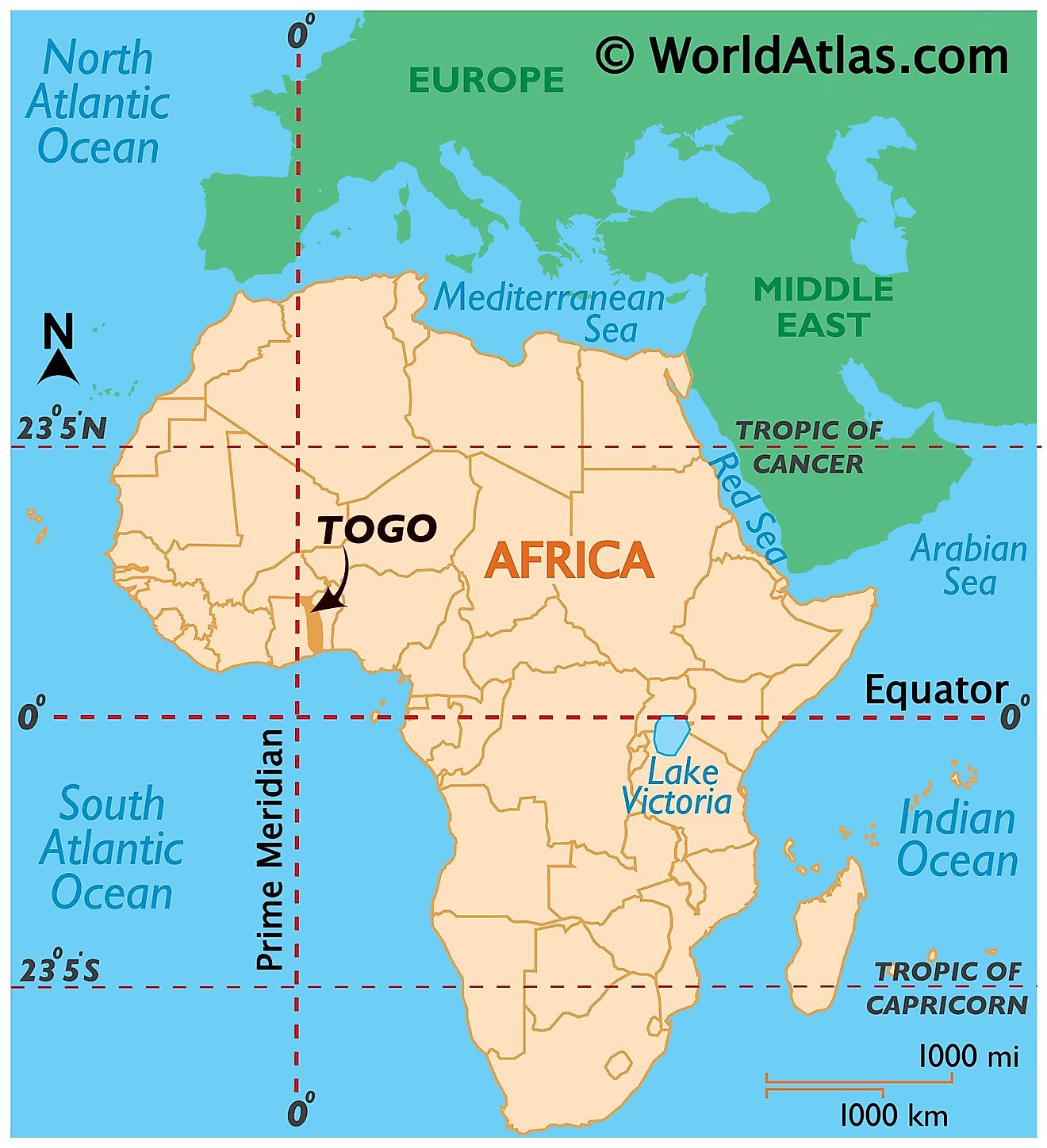 Map showing location of Togo in the world.