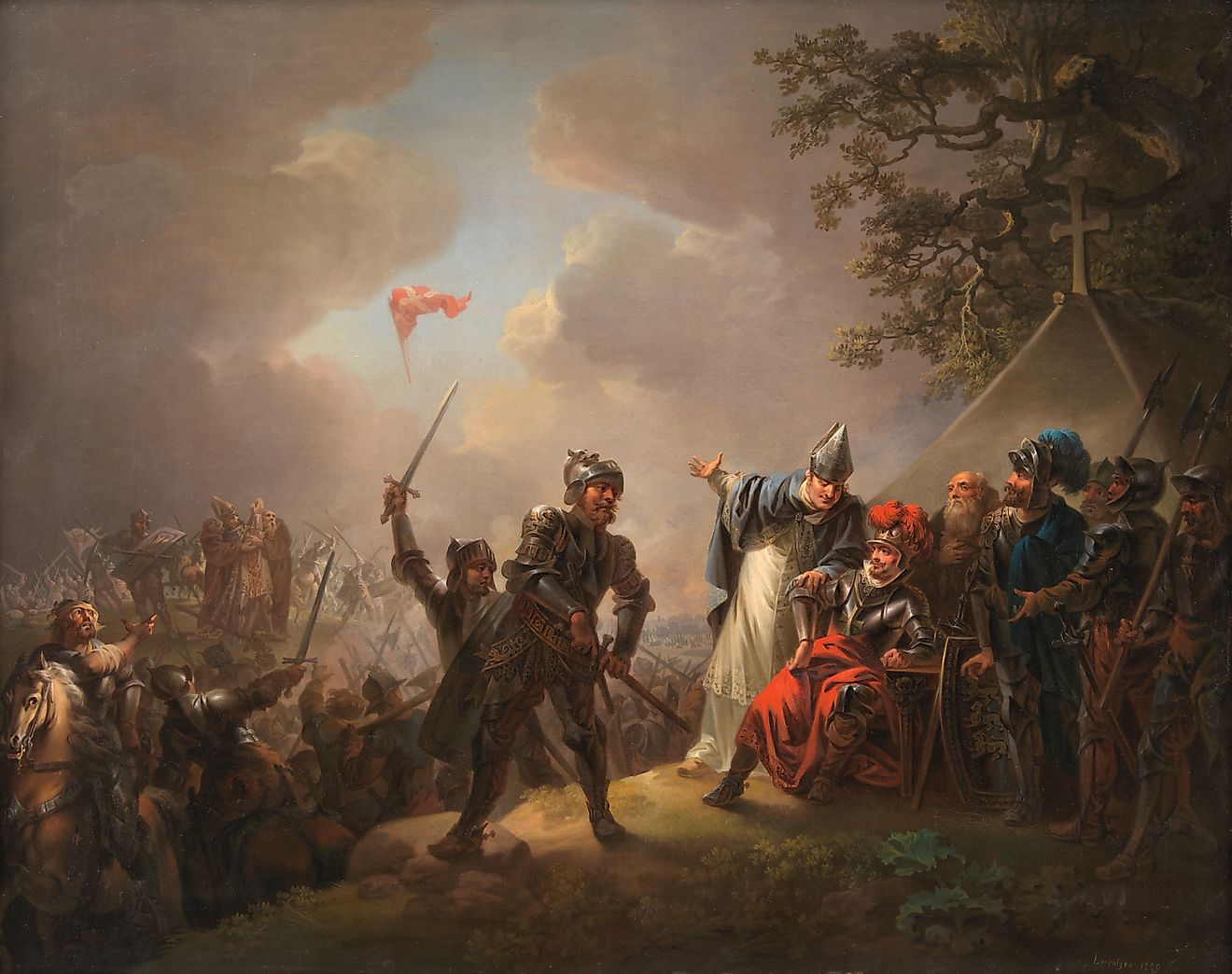 Dannebrog falling from the sky during the Battle of Lindanise, 15 June 1219. Painted by Christian August Lorentzen in 1809.