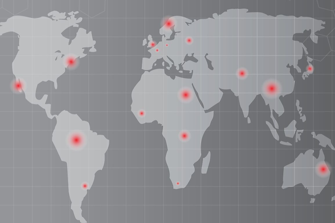 Map showing the worldwide scope of a disease, known as a pandemic.