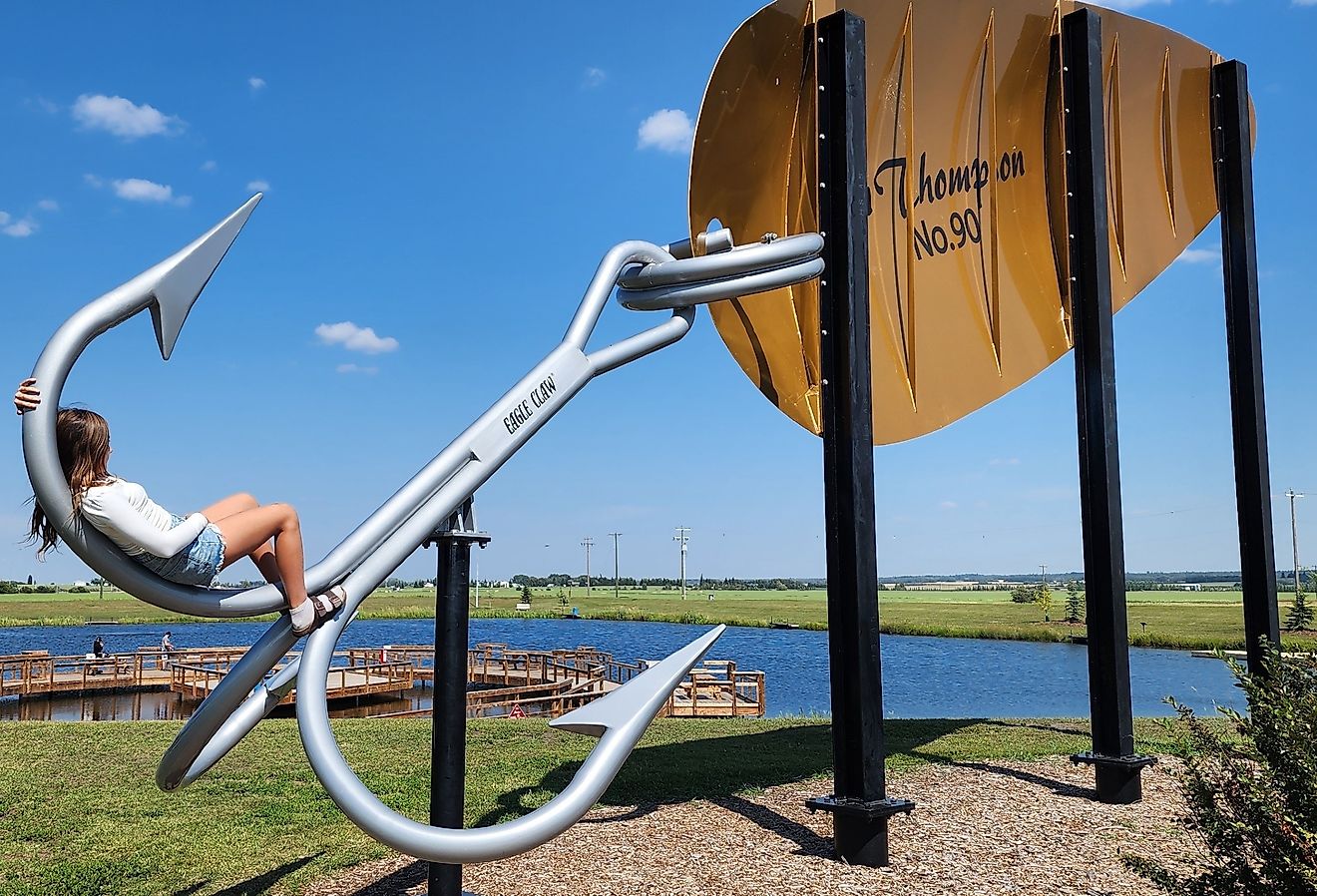 Giant fishing lure in Lacombe, Alberta.
