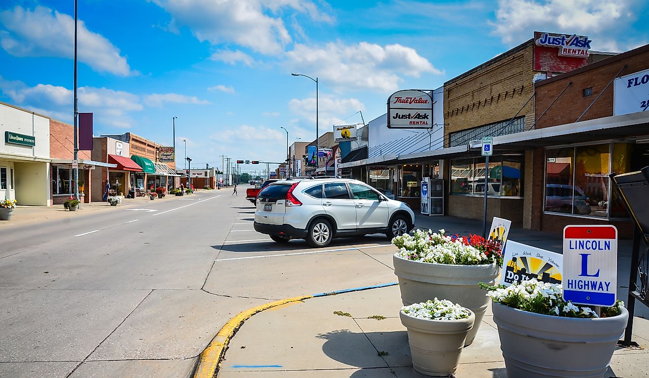 The Lincoln Highway, the United State's first transcontinental highway, runs through a typical American main street in Ogallala, NE. Editorial credit: Sandra Foyt / Shutterstock.com 