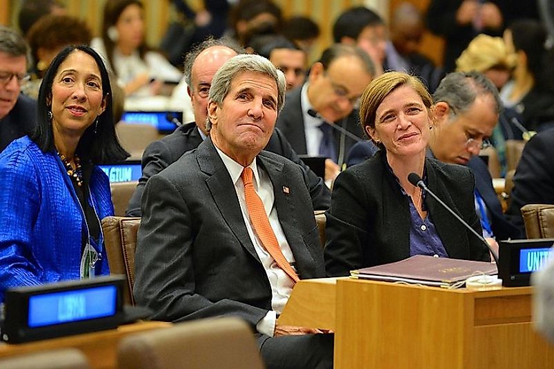 US Secretary of State John Kerry and US Ambassador to the UN Samantha Power at a top level meeting at UN Headquarters.