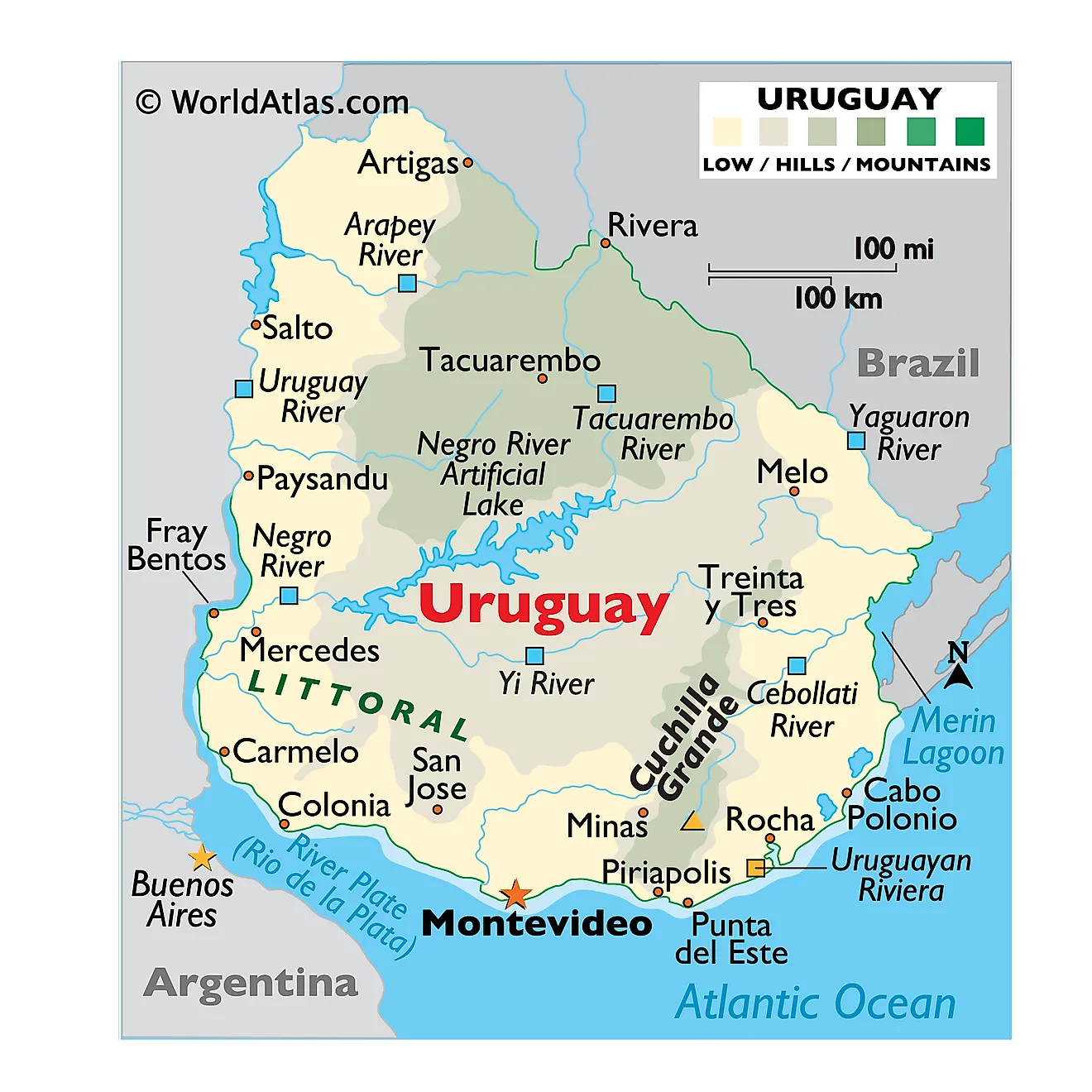 Mapa físico de Uruguay que muestra relieve, montañas, lagos, ríos, ciudades importantes, países limítrofes y más.