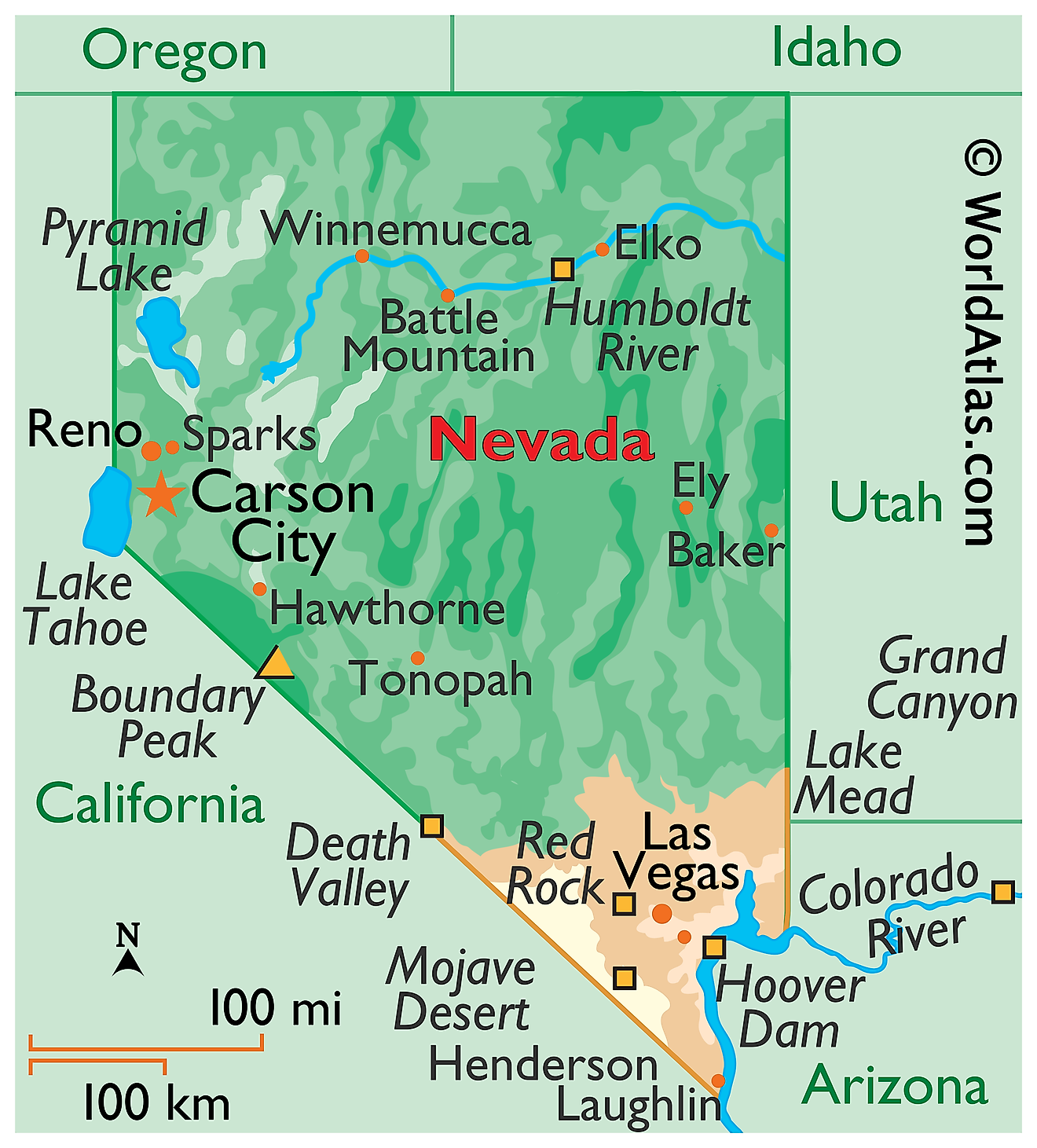 Mapa Físico de Nevada. Muestra las características físicas de Nevada, incluidas sus cadenas montañosas, los principales ríos y lagos.