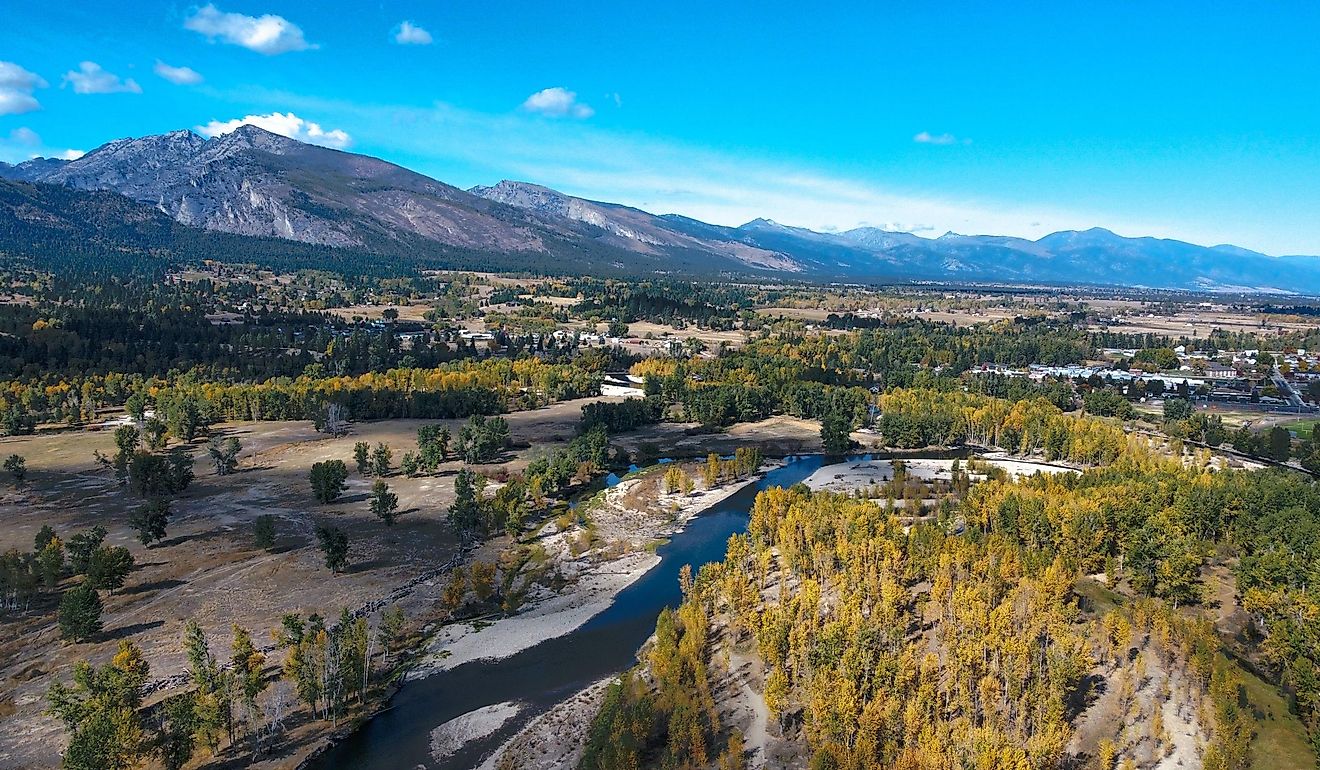 Drone view of the bitterroot mountain range in Hamilton, Montana.