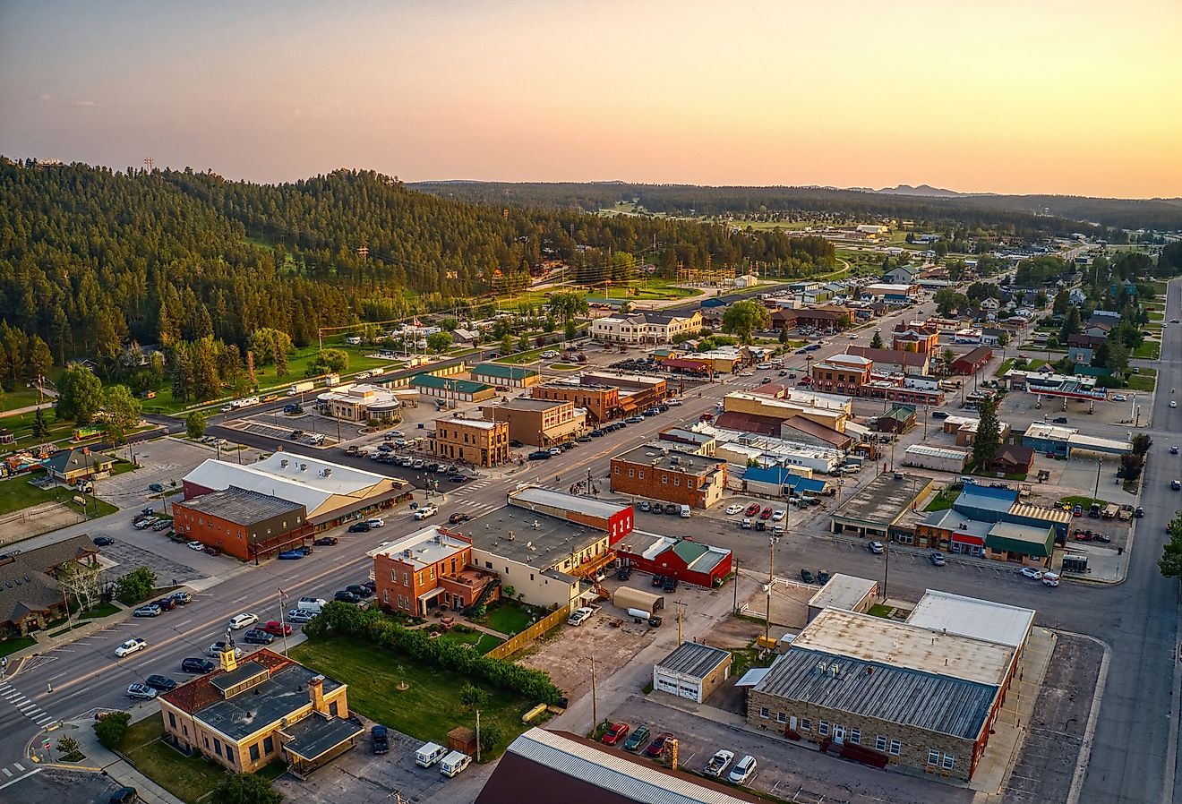 Aerial view of Custer, South Dakota, at sunset.
