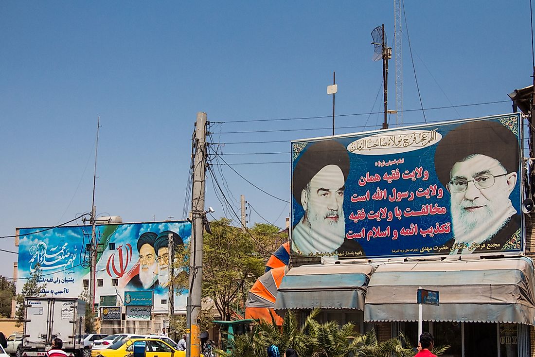 Billboards showing Ali Khamenei, Supreme Leader of Iran, who is the country's leading political and religious figure. Editorial credit: BalkansCat / Shutterstock.com.