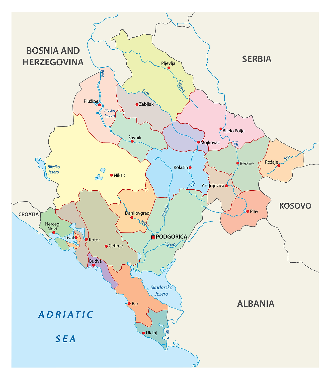 Political Map of Montenegro showing its 24 municipalities and the capital city of Podgorica.