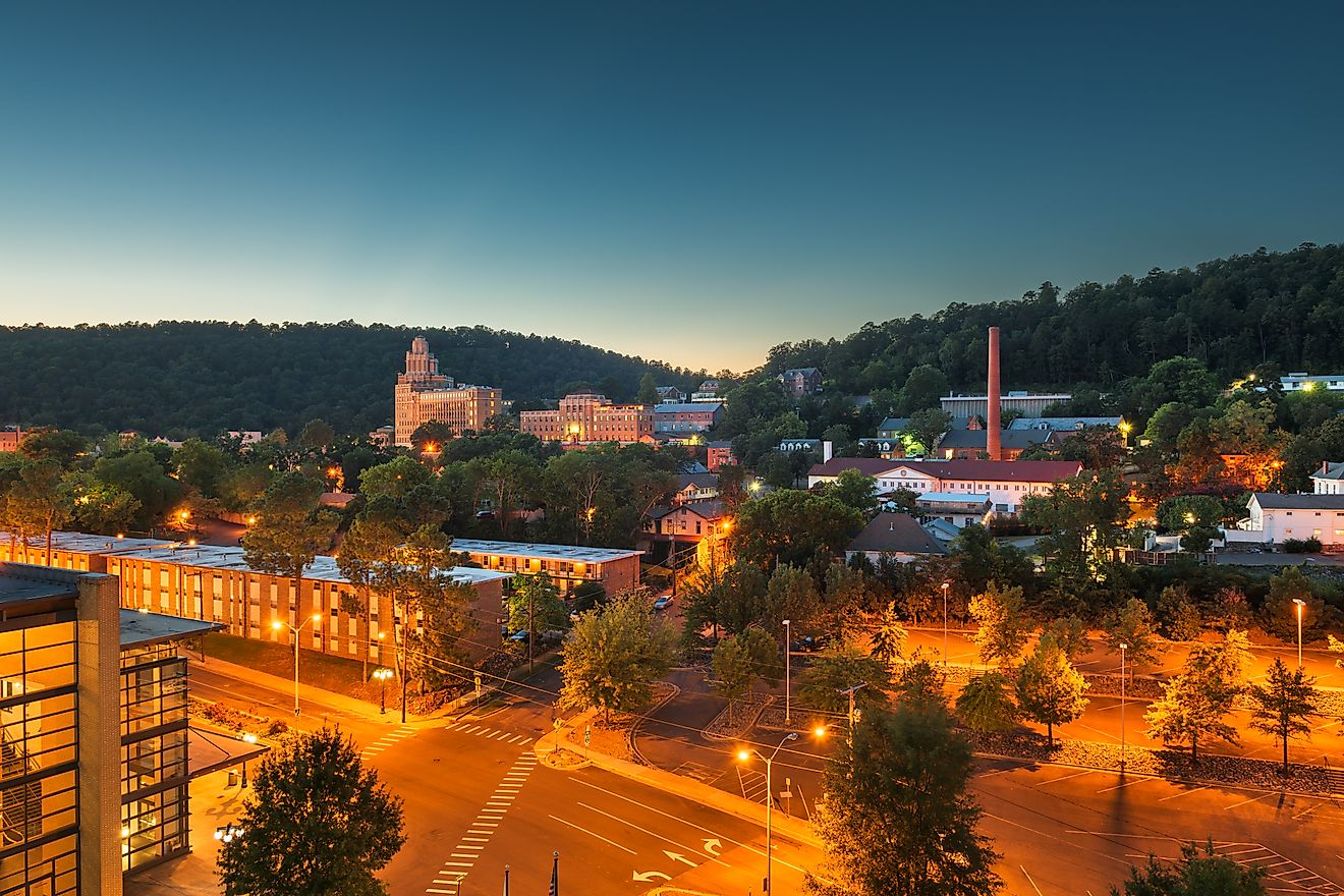 An aerial view of downtown Hot Springs. Shutterstock.com