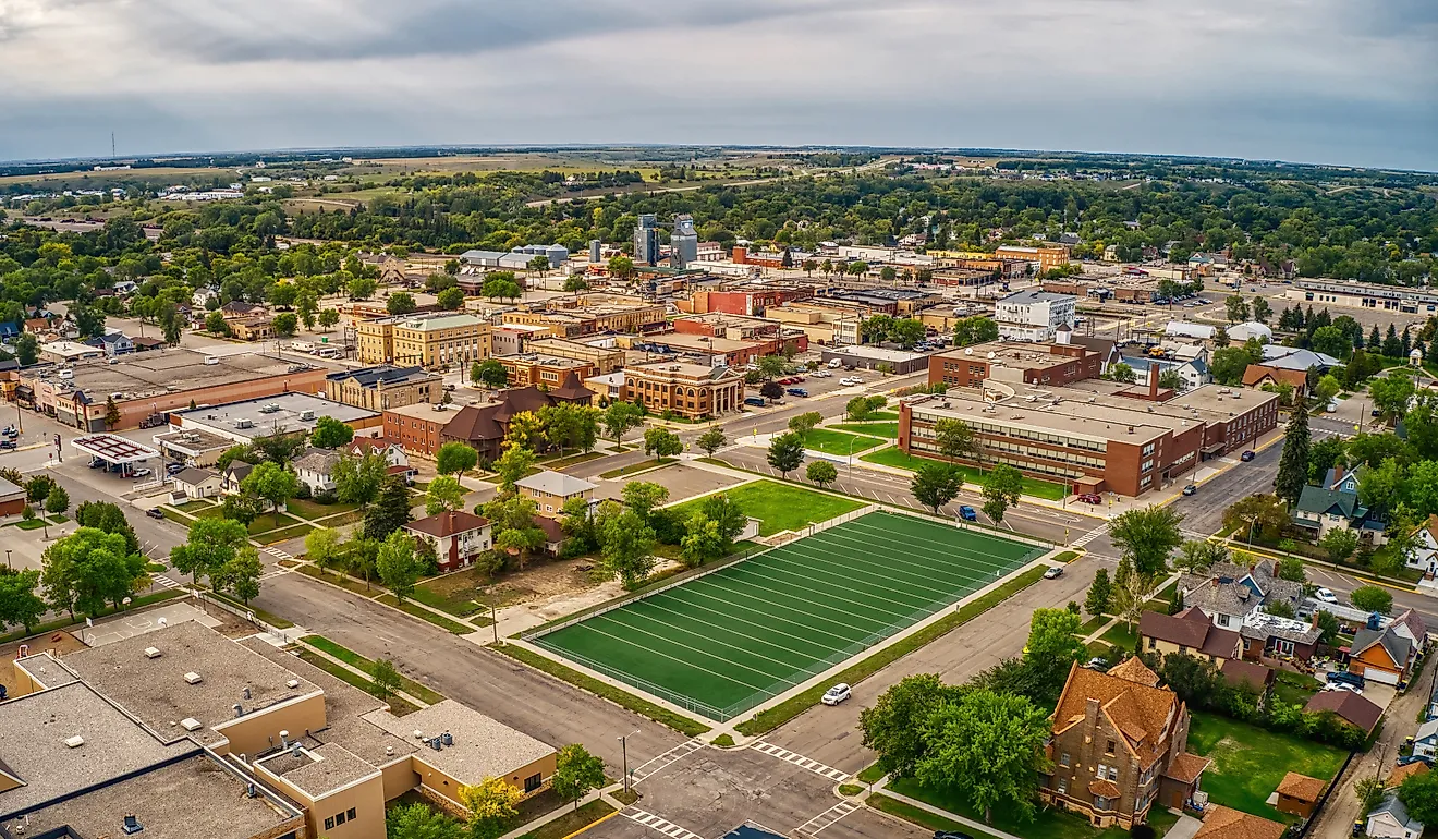 Aerial View of Jamestown, North Dakota along Interstate 94. 