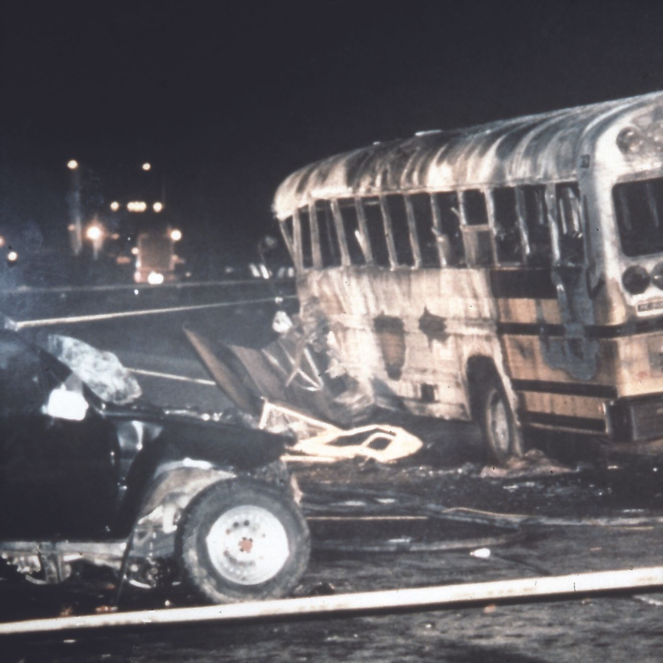 The worst drunk driving accident in U.S. history prompted stricter drinking and driving laws. Twenty-seven students and parents died in this firey crash in 1988, caused by a drunk driver. Image credit: National Transportation Safety Scheme/Flickr.com