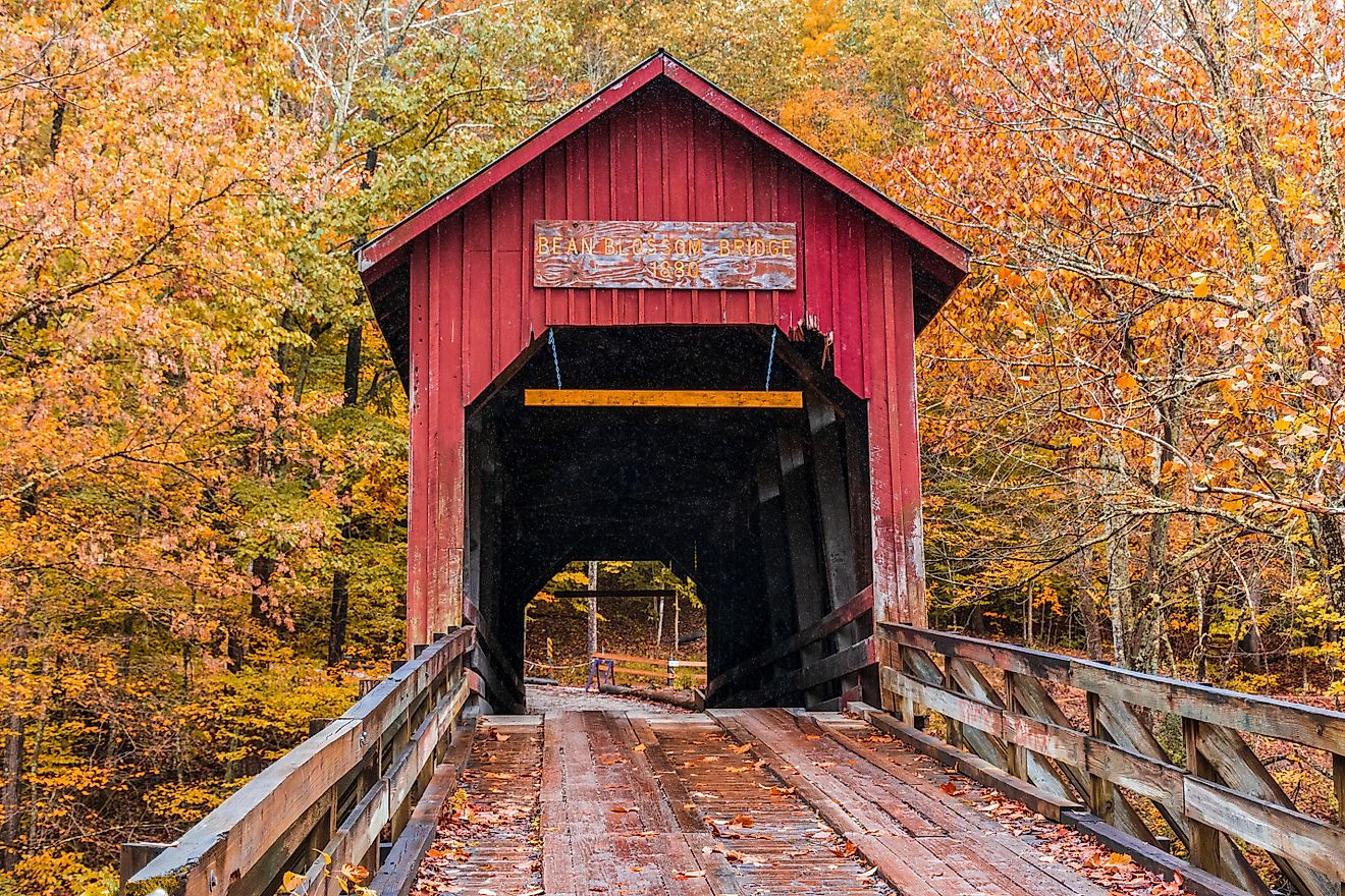 A covered bridge in Nashville, Indiana in the fall.