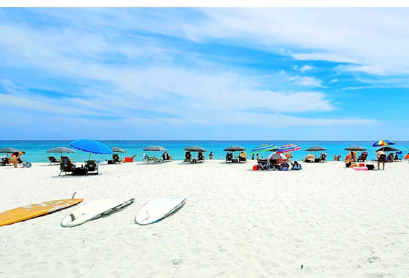 Beautiful white sands, blue sky, and the emerald green waters of Navarre Beach, Florida.