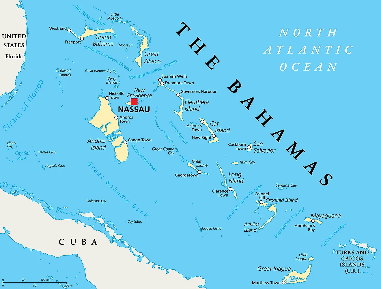 Political Map of The Bahamas showing its 31 districts and the capital city of Nassau