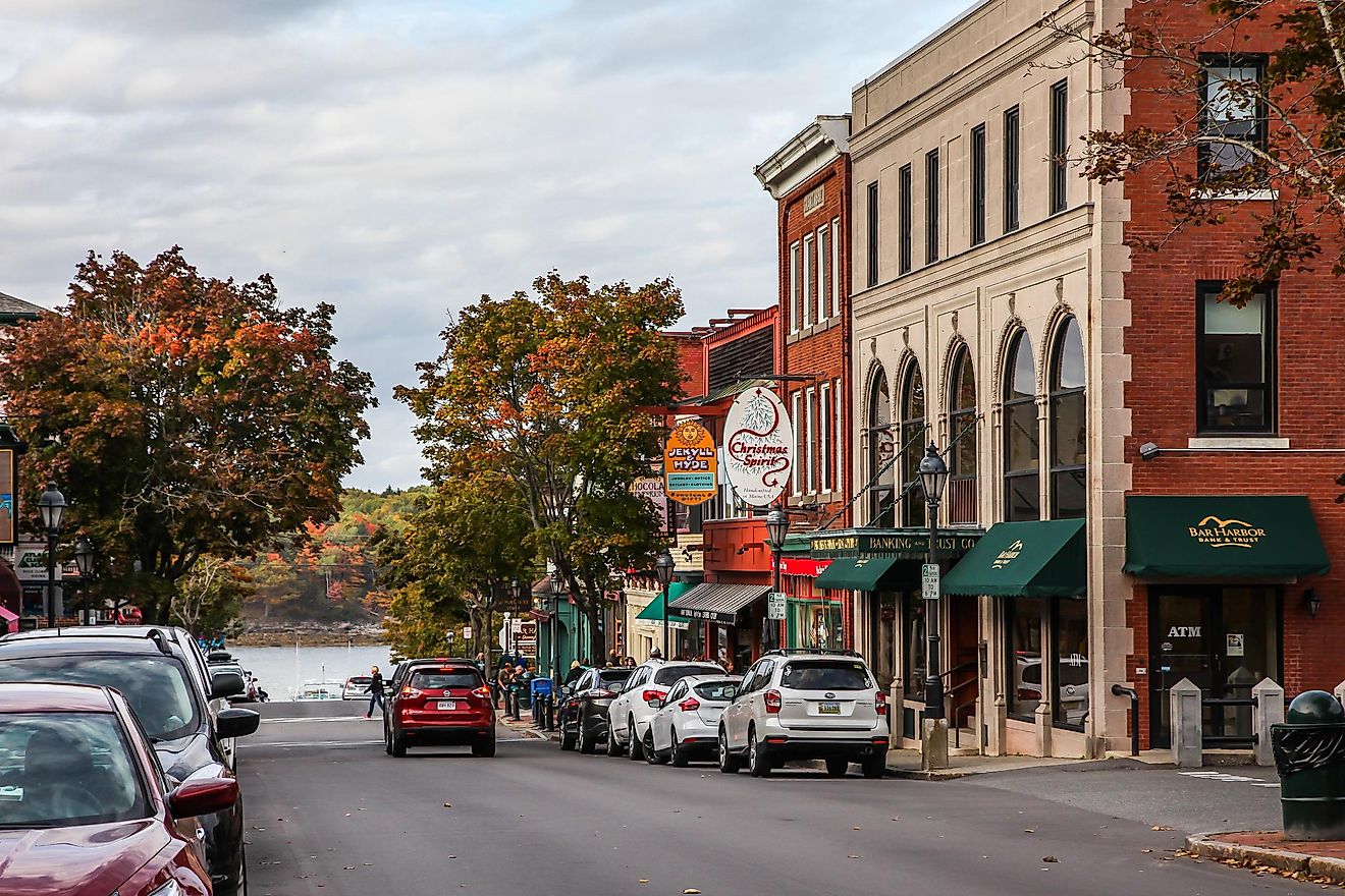 Bar Harbor downtown during Autumn season, Main Street view with gift shops and other buildings.