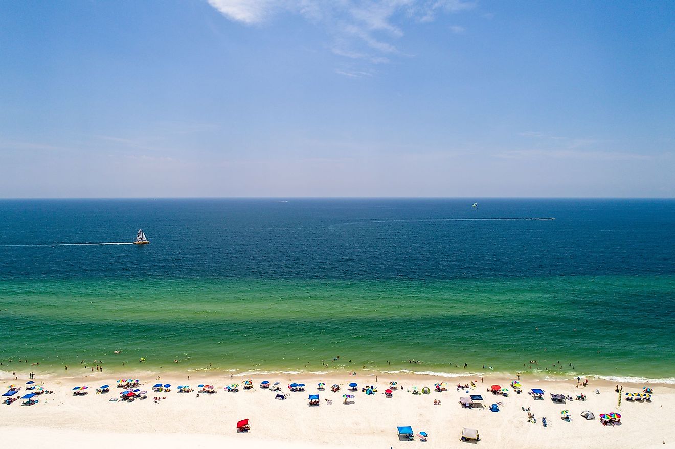 Aerial view of a beach in Gulf Shores, Alabama. 