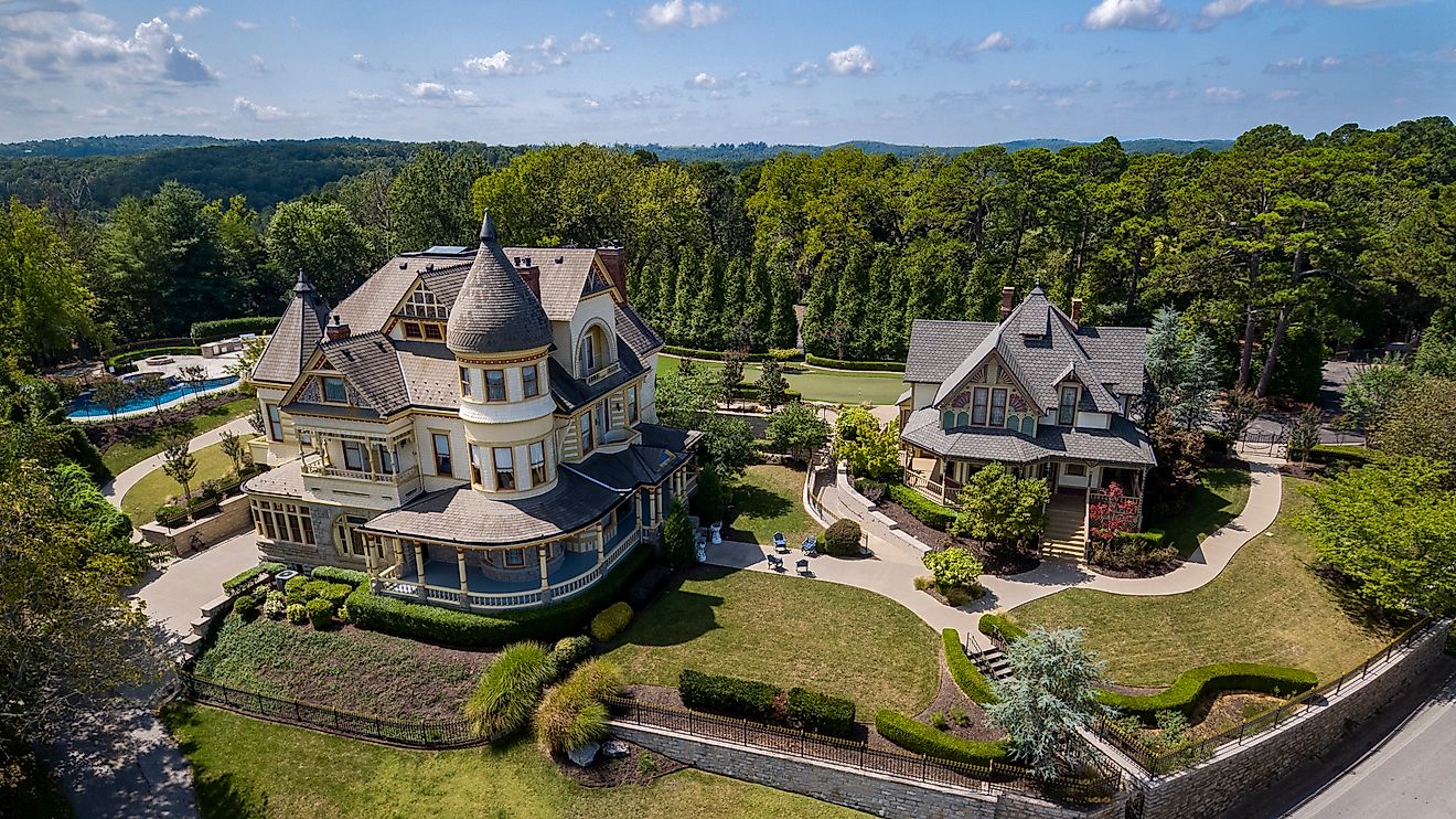 Aerial view of Victorian homes in Eureka Springs, Arkansas.