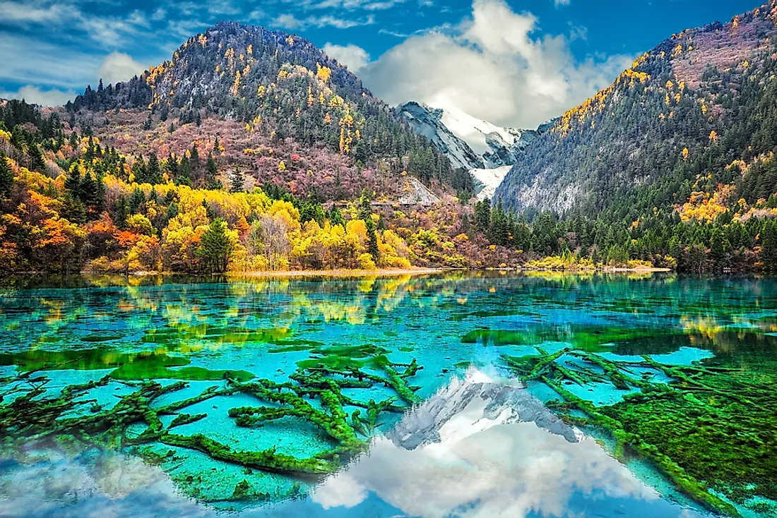 The famous Five Flower Lake in the Jiuzhaigou Nature Reserve, Sichuan, China. 