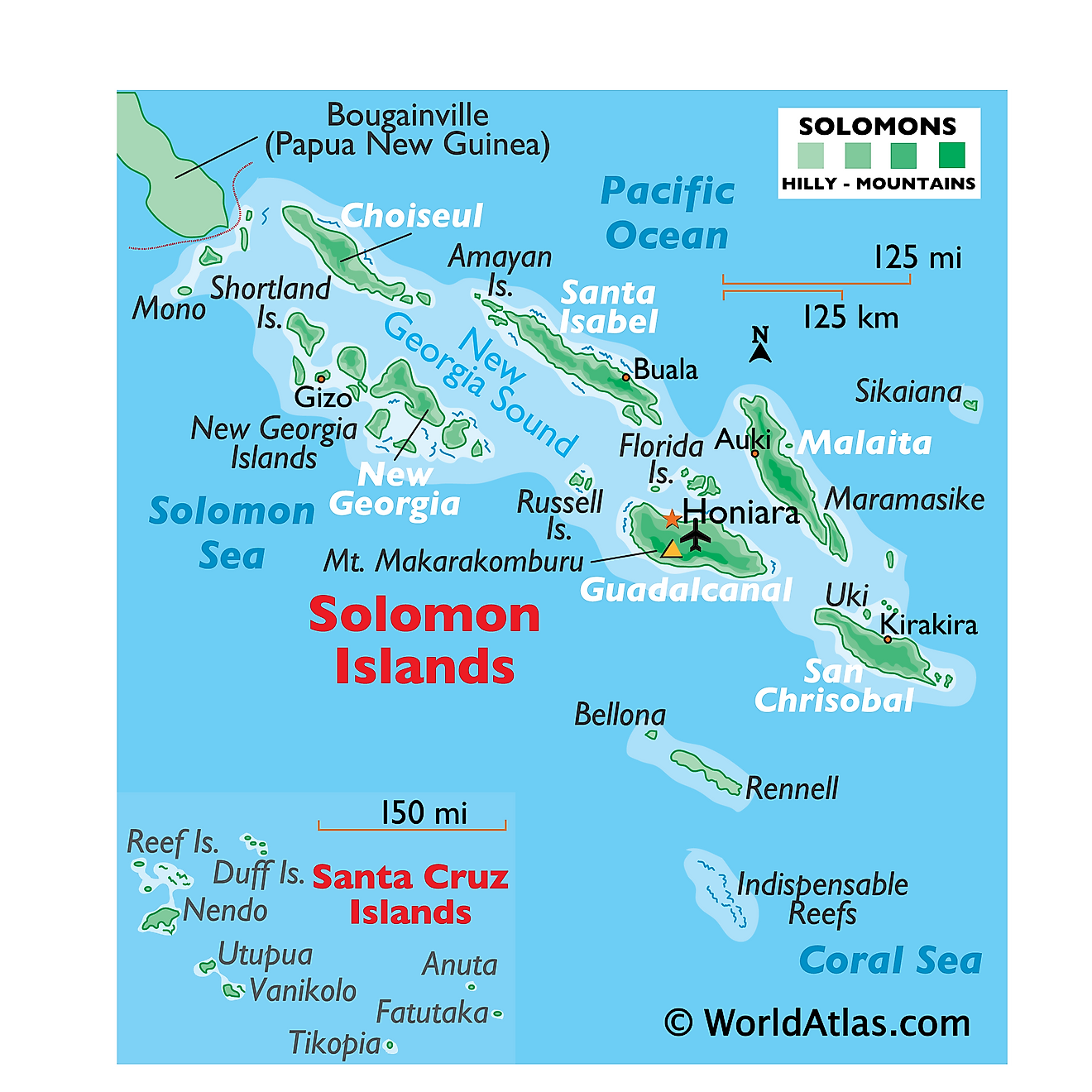 Mapa físico de las Islas Salomón que muestra las 6 islas principales, el relieve, New Georgia Sounds, islas más pequeñas y más.