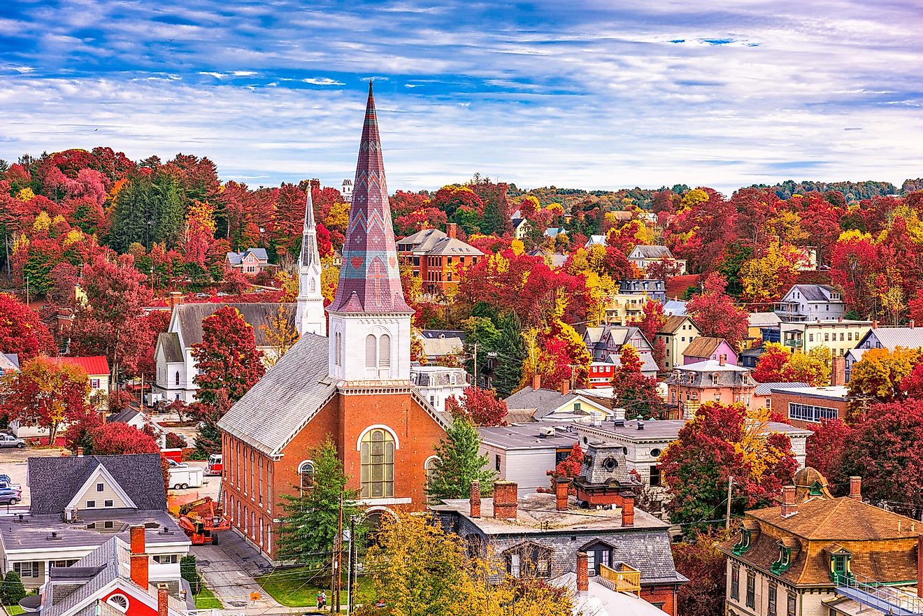 Montpelier, Vermont, USA town skyline during autumn.