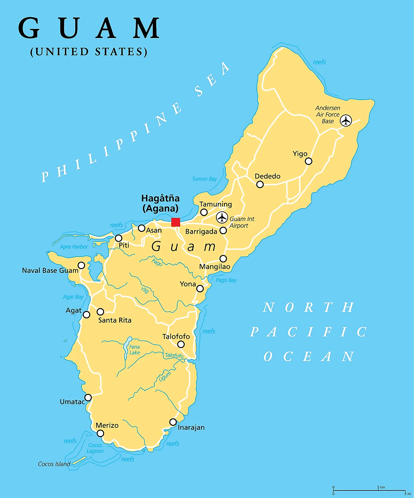 Political Map of Guam showing its 19 villages and the capital Hagatna