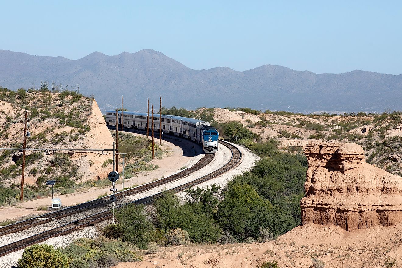 Train moving along the track near Benson, Arizona.
