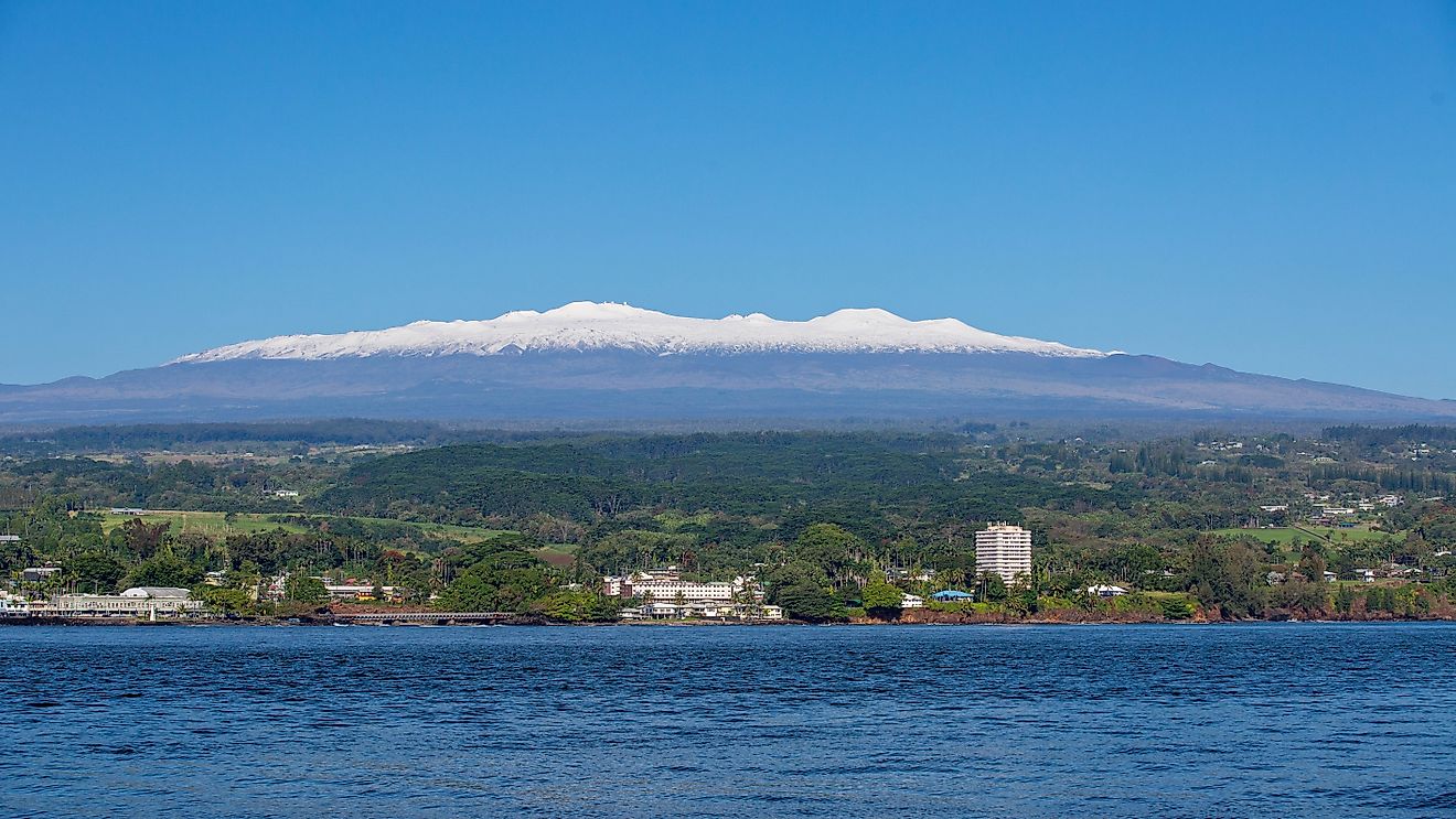 A view of Hilo, Hawaii and Mauna Kea on a clear day
