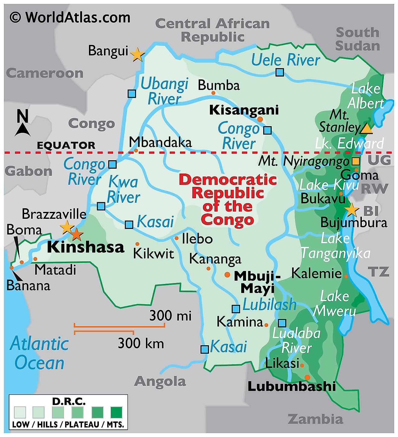 Physical Map of the Democratic Republic of Congo with state boundaries, relief, major lakes, mountains, extreme points, major cities, and rivers.
