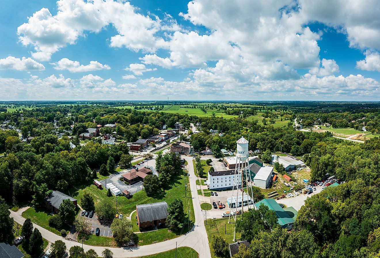 Scenic aerial view of Midway, Kentucky and surroundings on a bright summer day