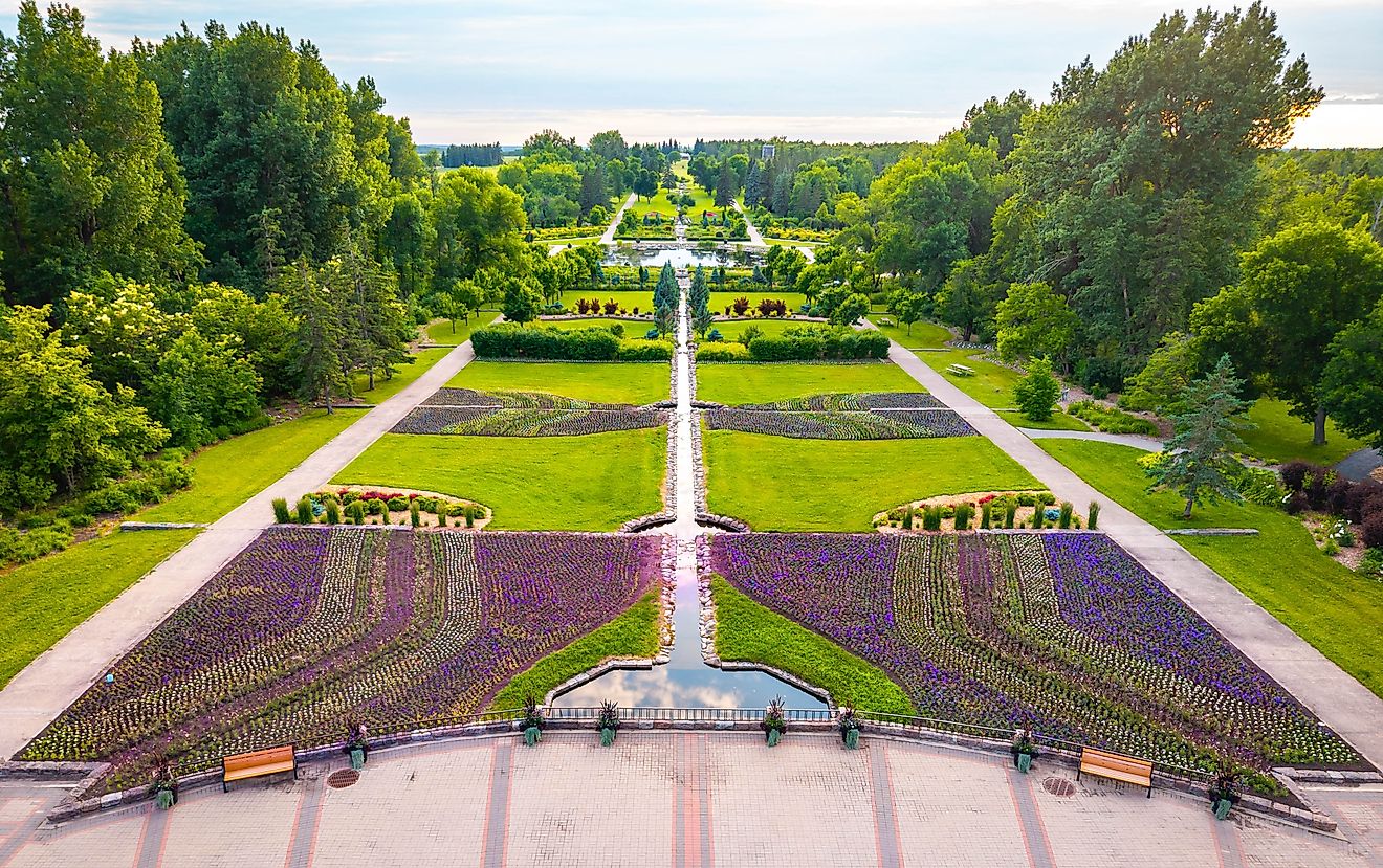 Aerial drone view of International Peace Garden on vibrant summer sunset