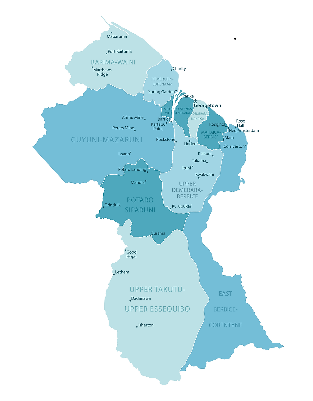 Mapa político de Guyana que muestra sus 10 regiones y la ciudad capital de Georgetown
