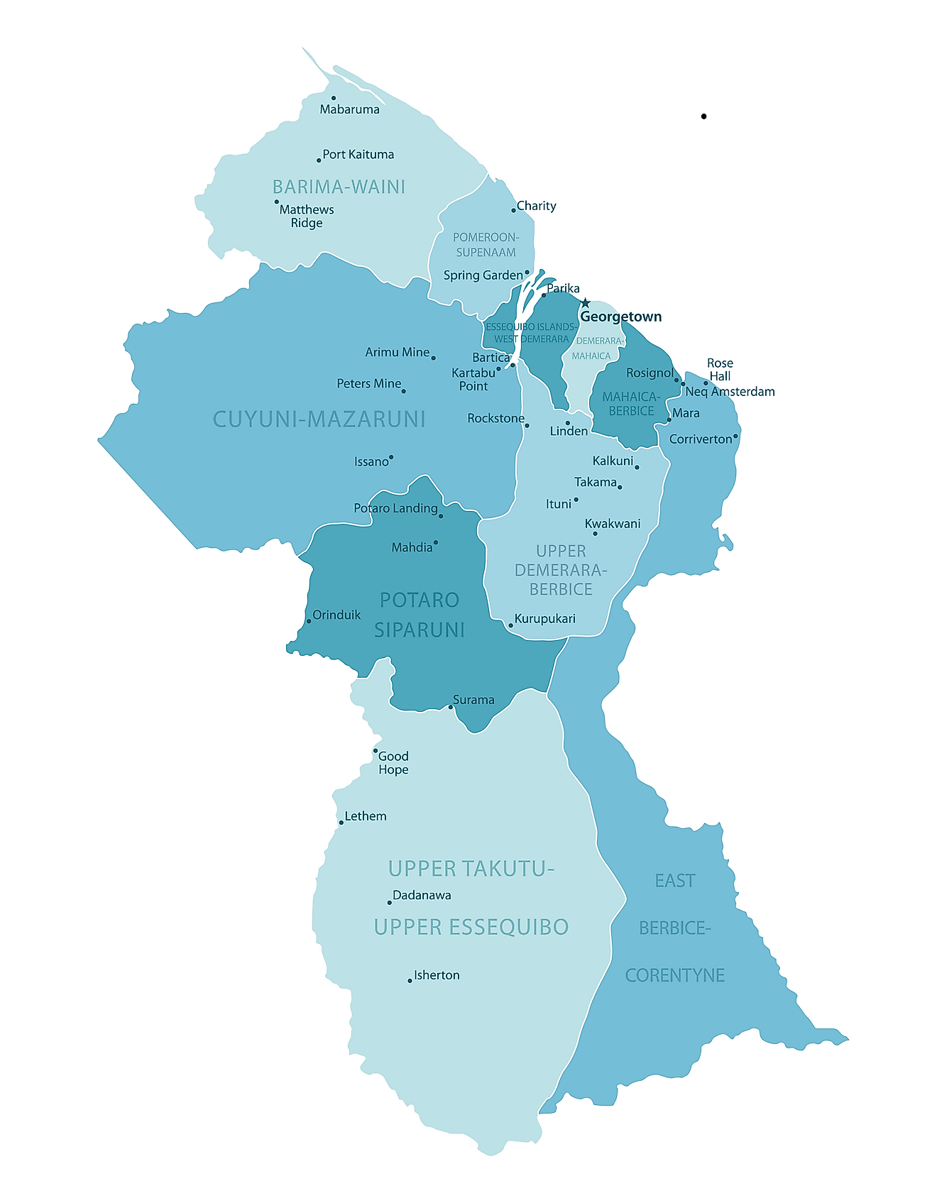 Political Map of Guyana showing its 10 regions and the capital city of Georgetown