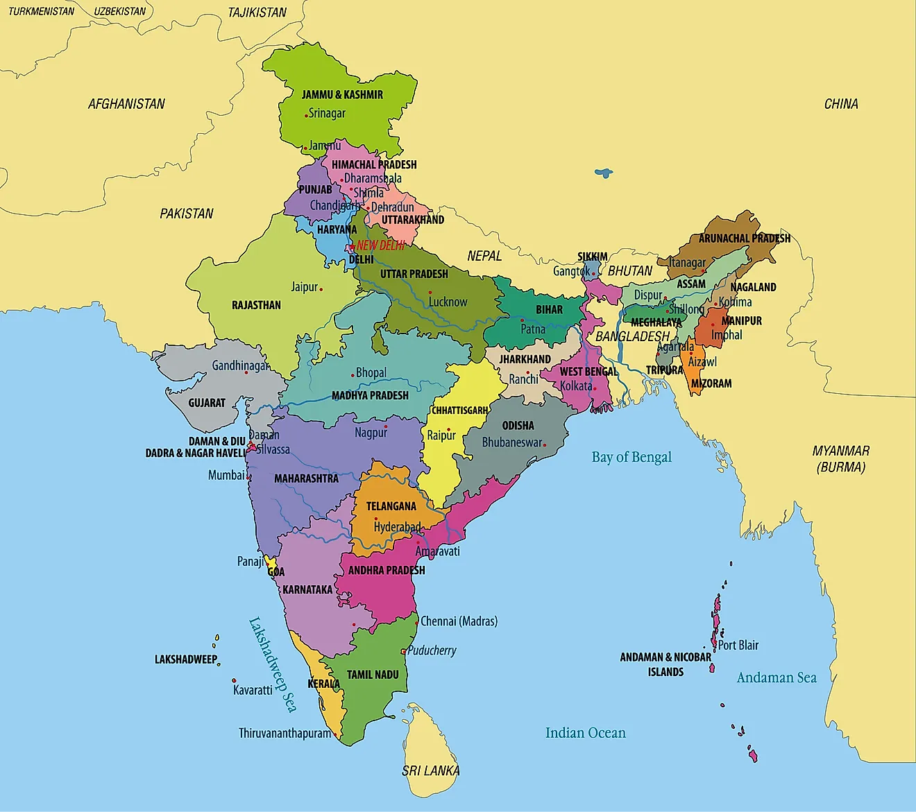 Political Map of India showing its 28 States and 8 Union Territories and the capital city - New Delhi