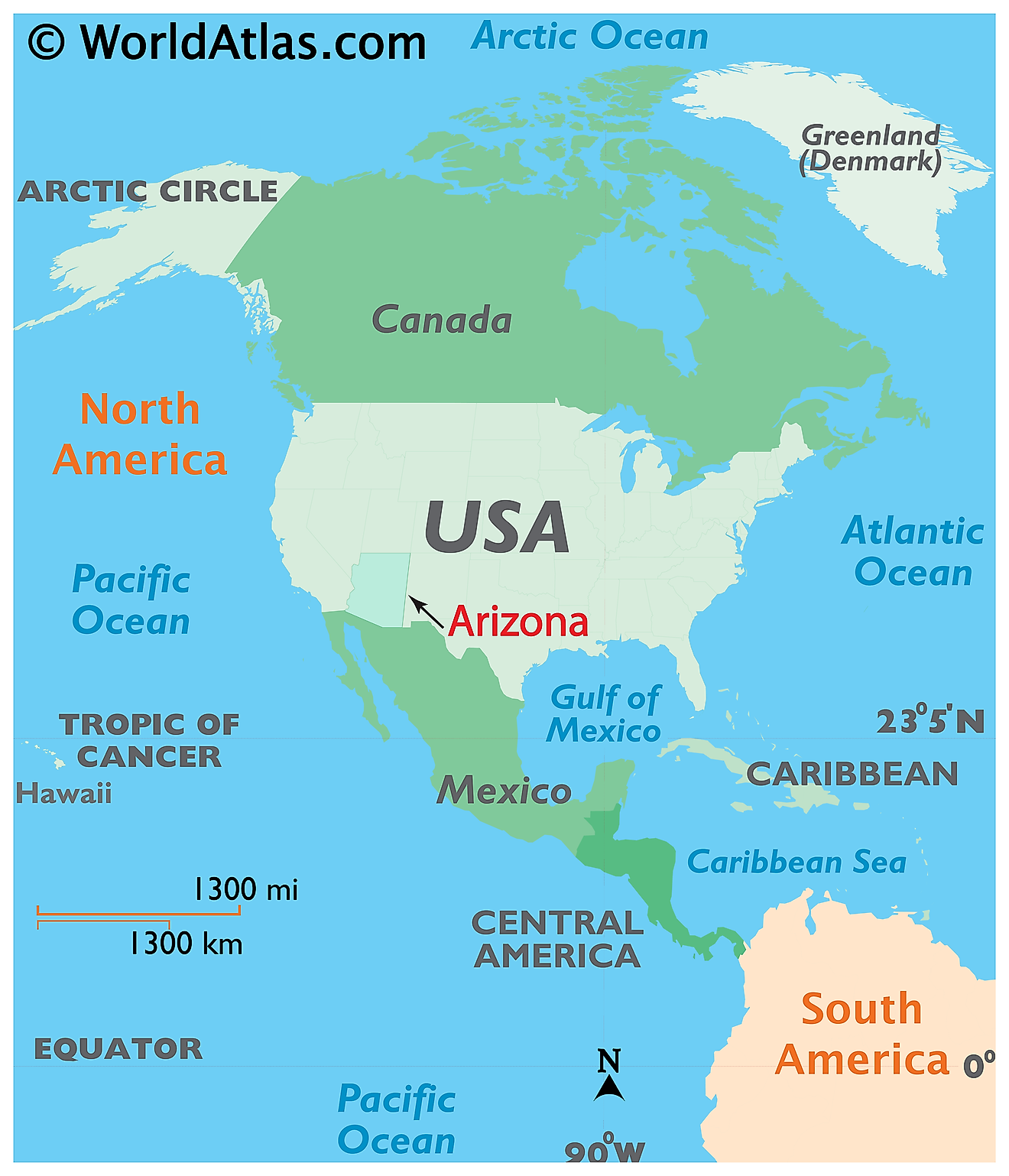 Map showing location of Arizona in the world.