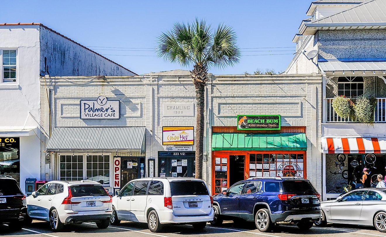 Vibrant eateries along a street in St. Simons, Georgia. Editorial credit: Darryl Brooks / Shutterstock.com