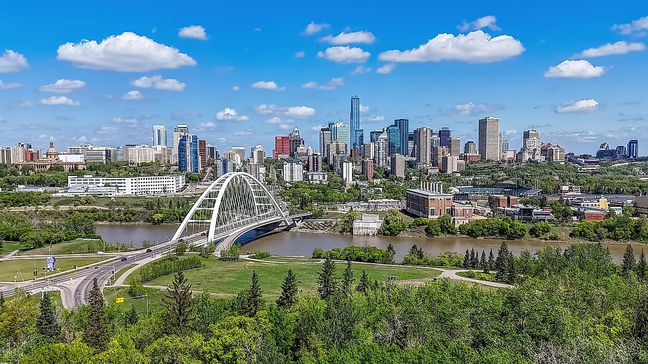 Edmonton's dynamic skyline and iconic Walterdale Bridge span the North Saskatchewan River. Editorial credit: Habanero Pixel / Shutterstock.com