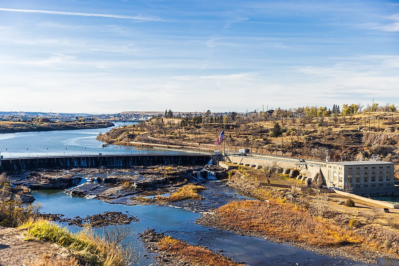 View of the Morony Hydroelectric Dam on the Missouri River near Great Falls, Montana.