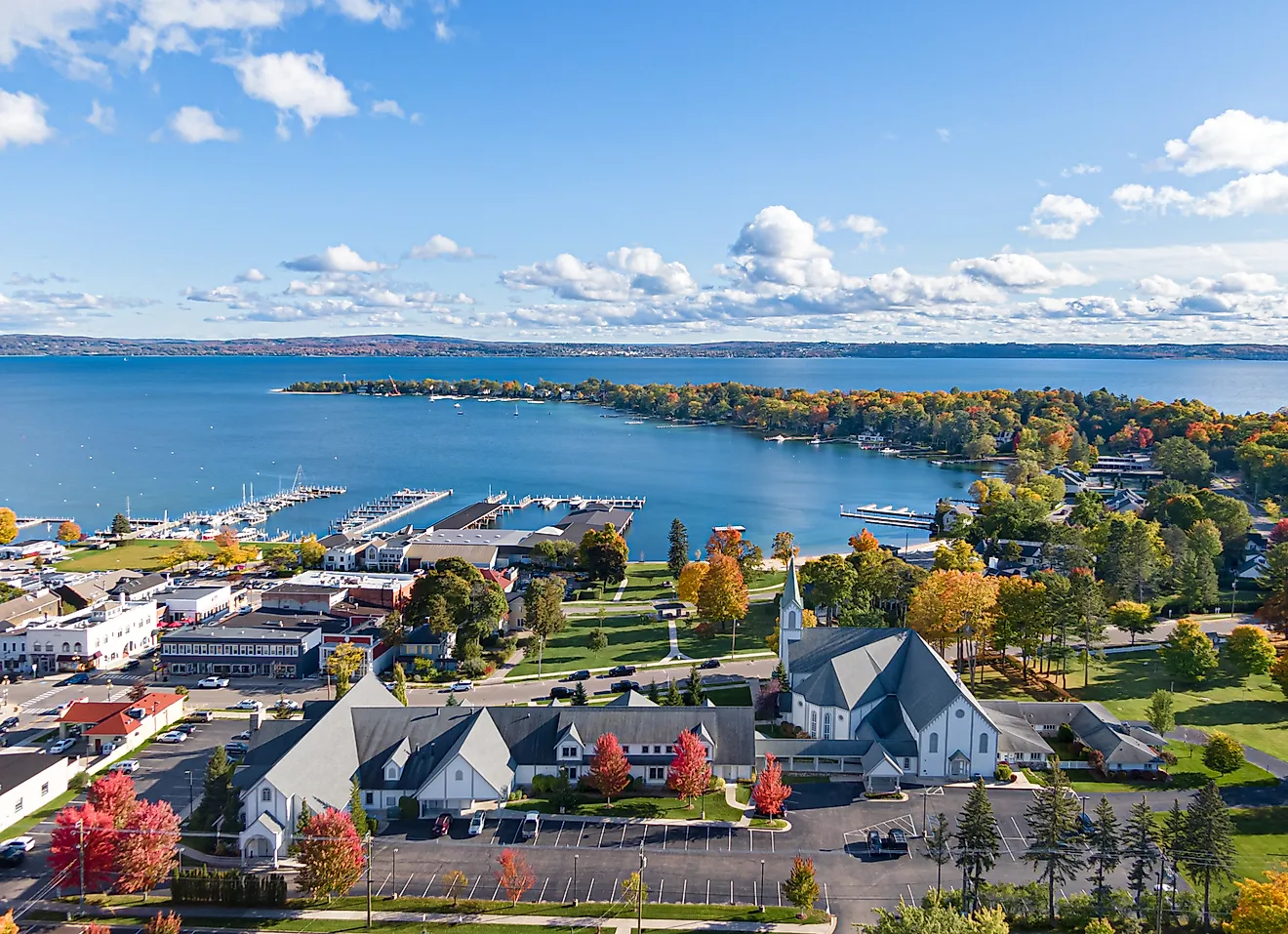 Aerial view of Harbor Springs, Michigan, on a sunny autumn day
