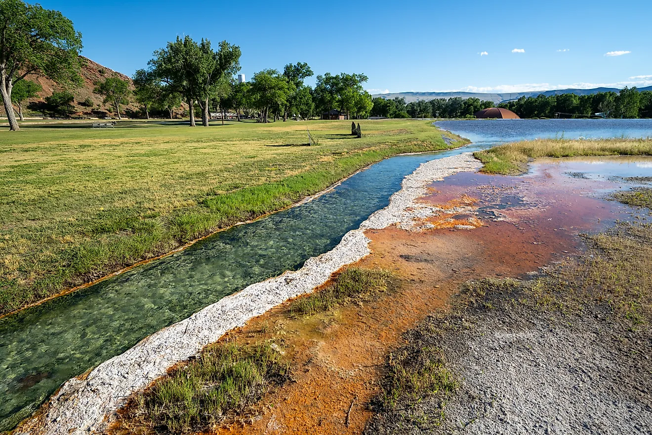 Hot springs mineral water flows through Hot Springs State Park in Thermopolis, Wyoming.