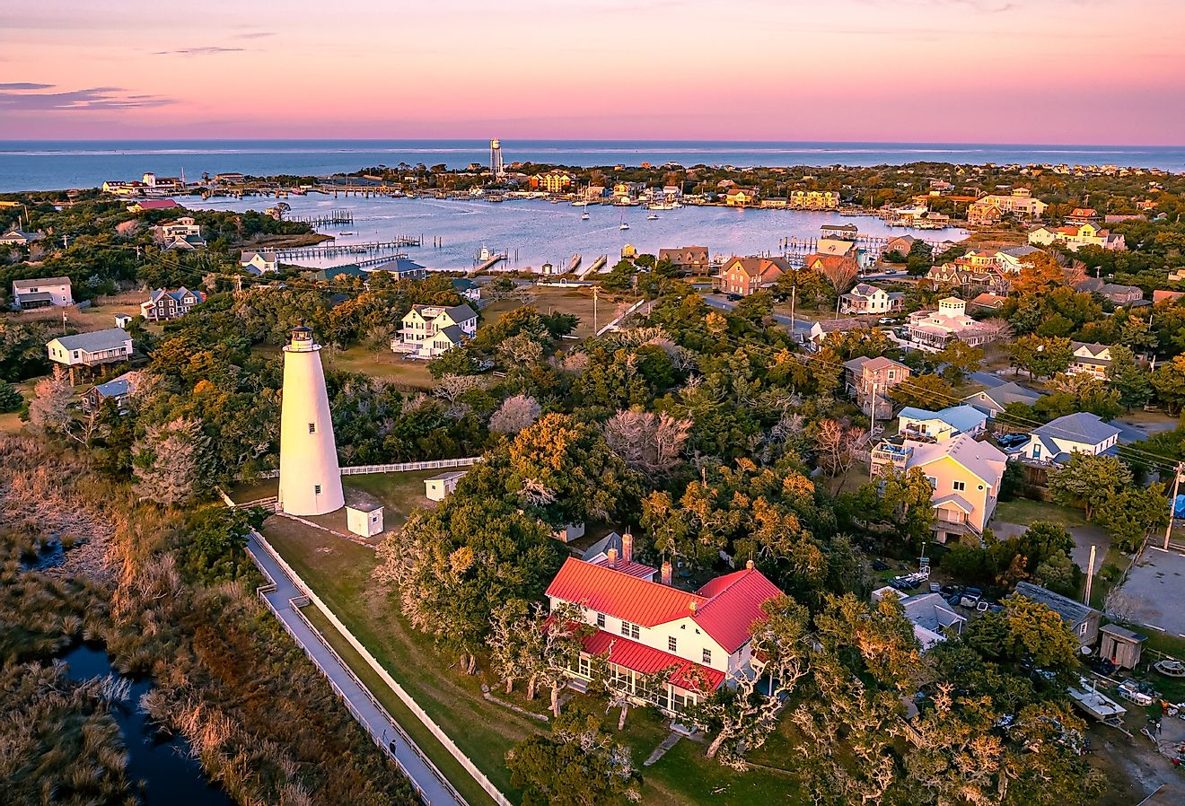 Aerial view of Ocracoke Lighthouse on Ocracoke Island, North Carolina at sunset.
