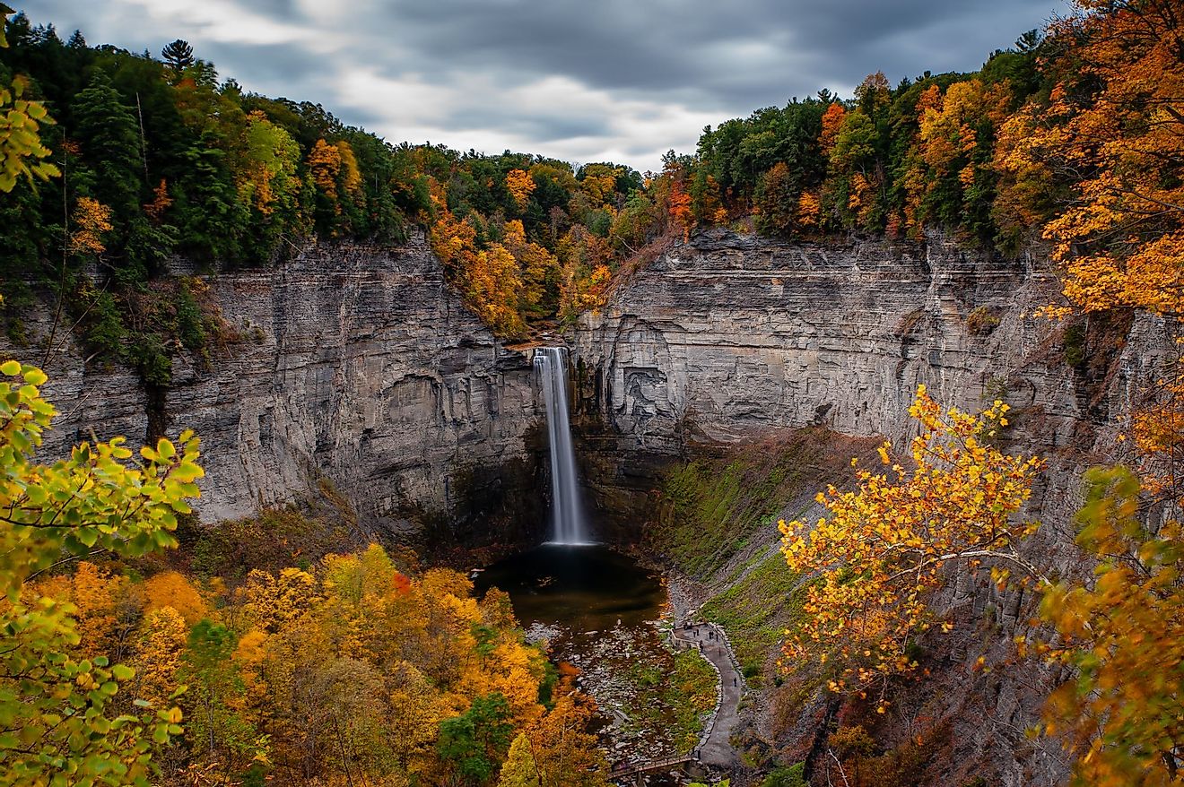 A scenic, autumn view of the Taughannock Falls at Taughannock Falls State Park near Ithaca, New York