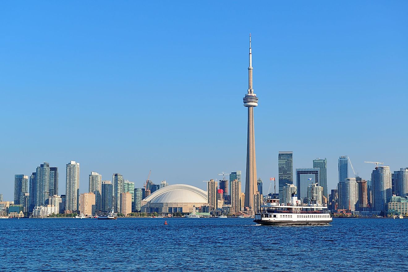 Toronto skyline panorama over Lake Ontario with urban architecture. 
